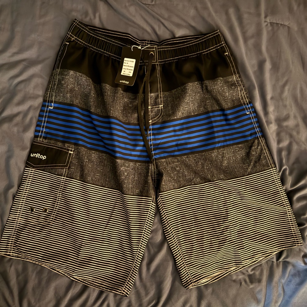 Men's Striped Swim Shorts - Black and Blue